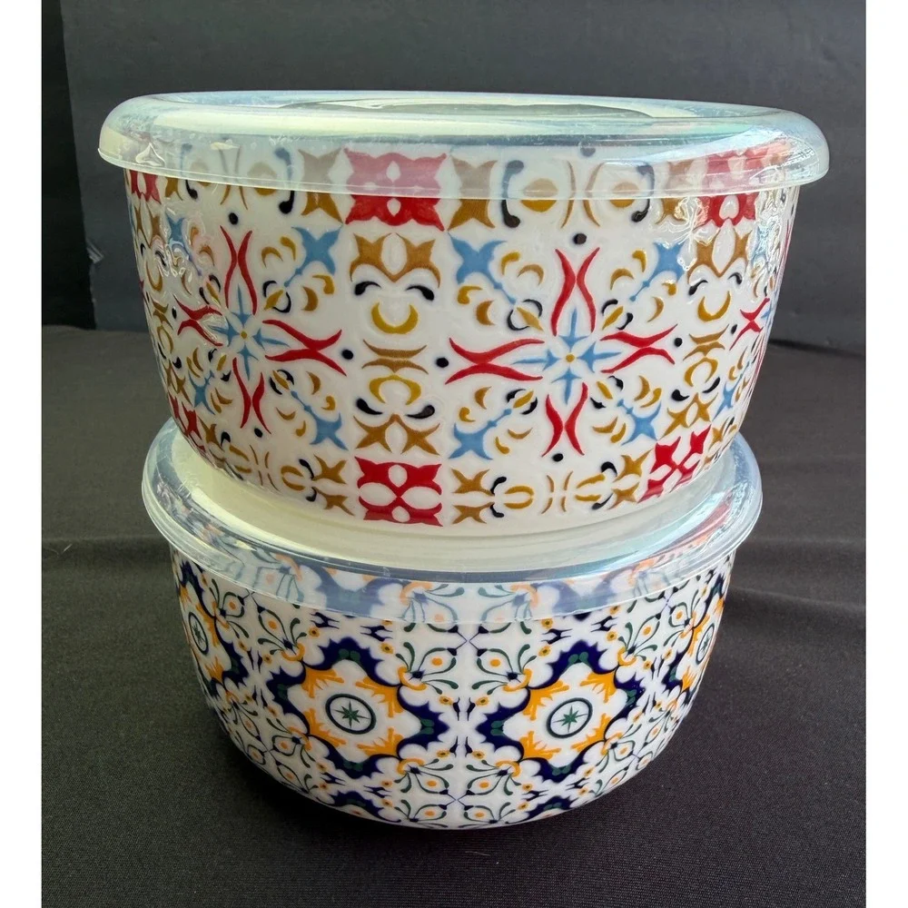 2 Signature Housewares Stoneware Storage Bowls Vented Lids Boho Mediterranean